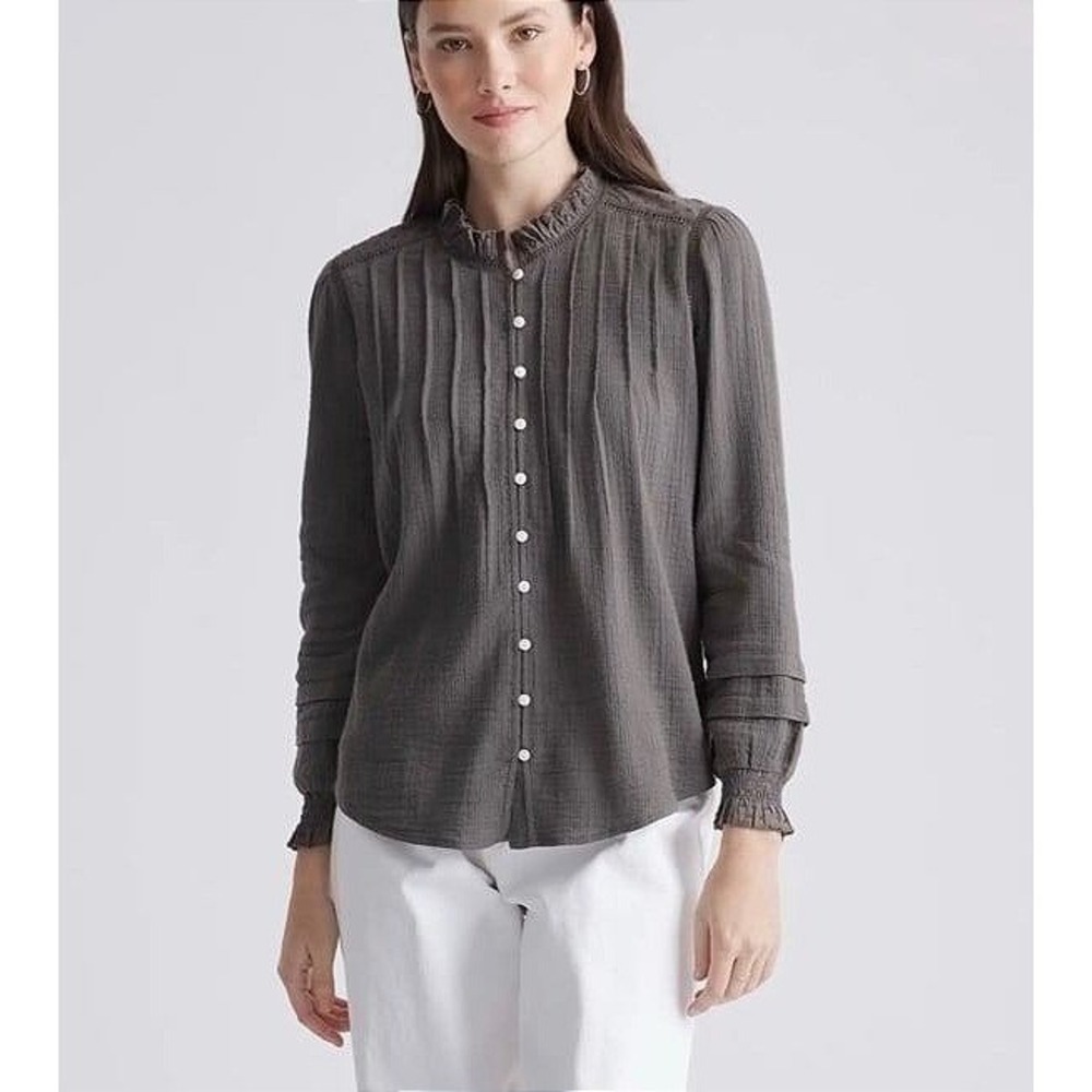 Quince Olive Green Ruffled Collar Button-Front Blouse
